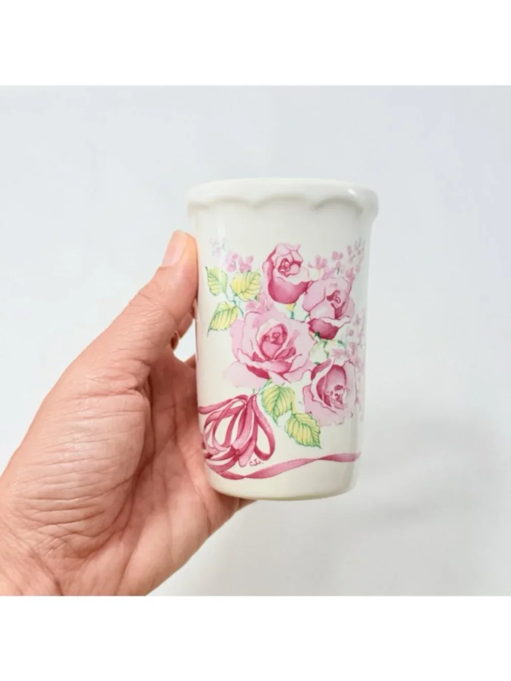 Vintage Potpourri Press Roses Ribbons Vase Flowers Pink Bouquet Toothpick Holder